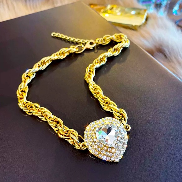 Jewelry - Gold 14K Plated Heart Crystal Choker Two Tone Chain  Necklace